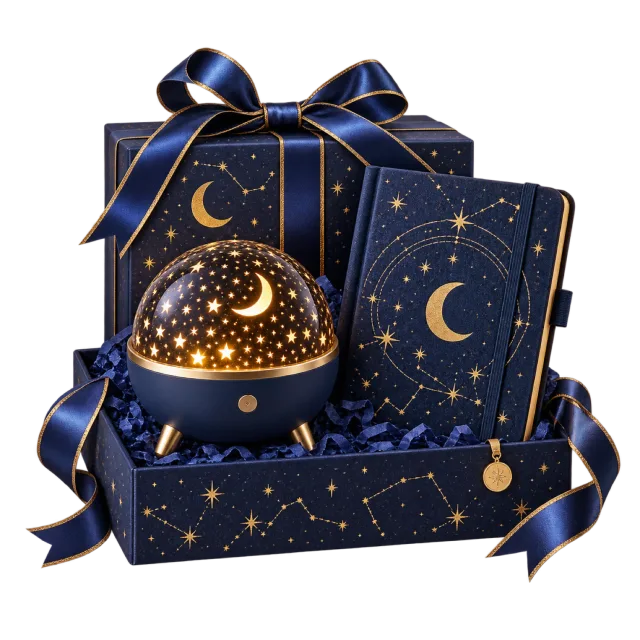 Navy celestial gift box with a star projector and matching notebook