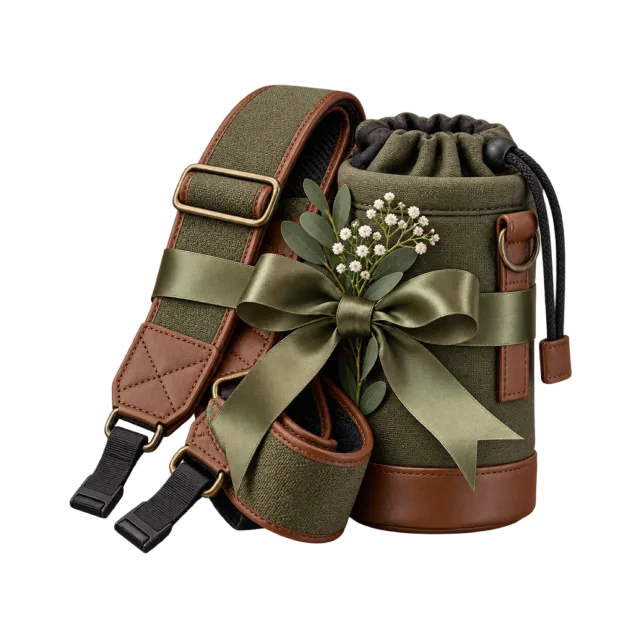 Camera strap and drawstring lens pouch tied with a green ribbon