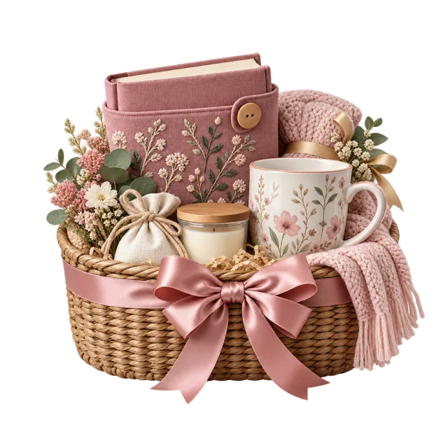 Reader gift basket with a floral mug and book sleeve