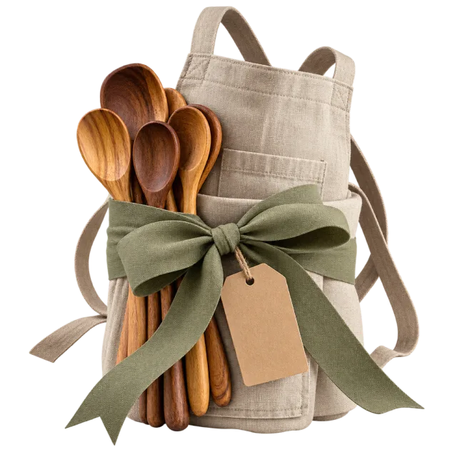Wooden tasting spoons bundled with a linen apron