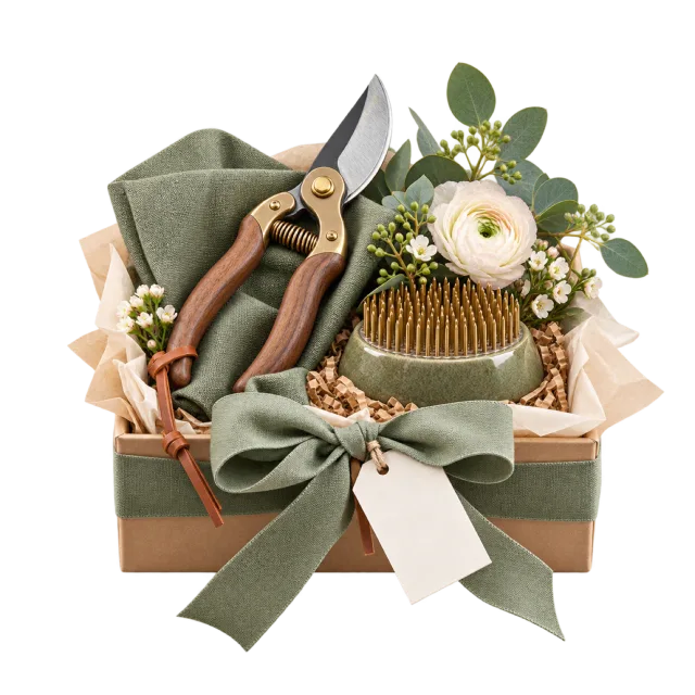 Florist gift box with garden snips, a flower holder and pale blooms
