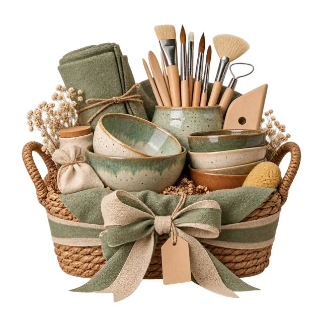 Pottery-themed basket with brushes, tools and ceramic bowls