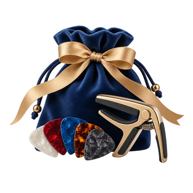 Blue drawstring pouch with guitar picks and a capo