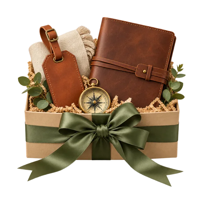 Travel gift box with a brown journal, luggage tag and small compass