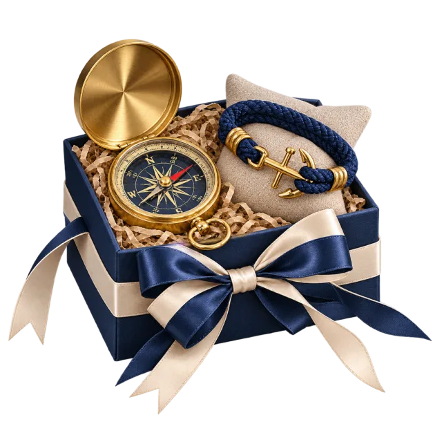 Navy gift set with a compass and braided rope bracelet