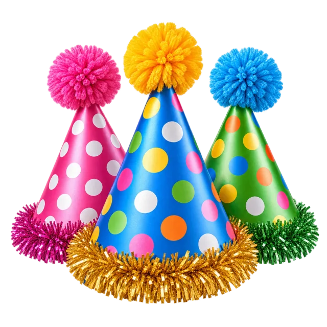Three cone-shaped party hats with dots, fluffy pompoms and metallic trim