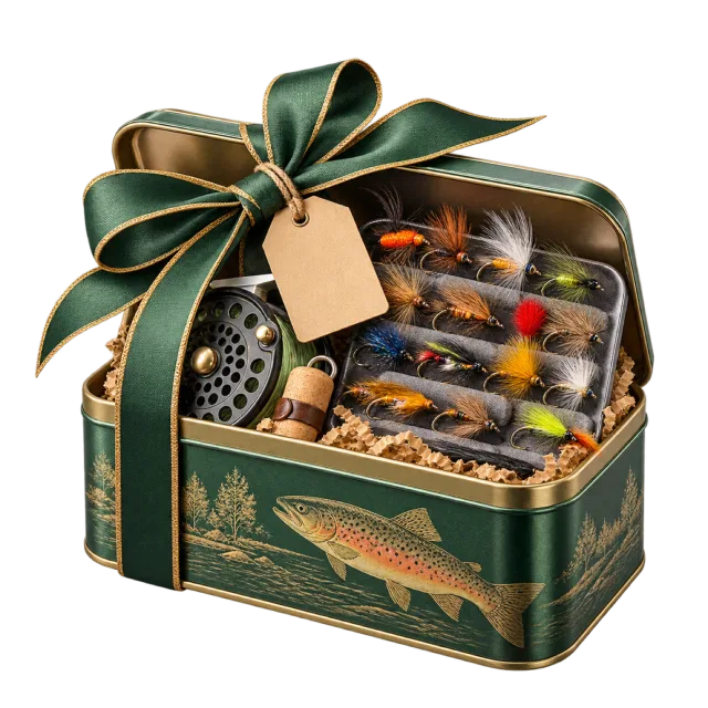 Green fishing tin filled with colorful artificial flies