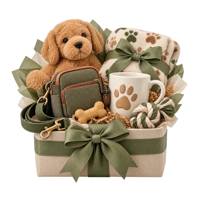 Dog-themed gift box with a paw-print mug, pouch and plush dog