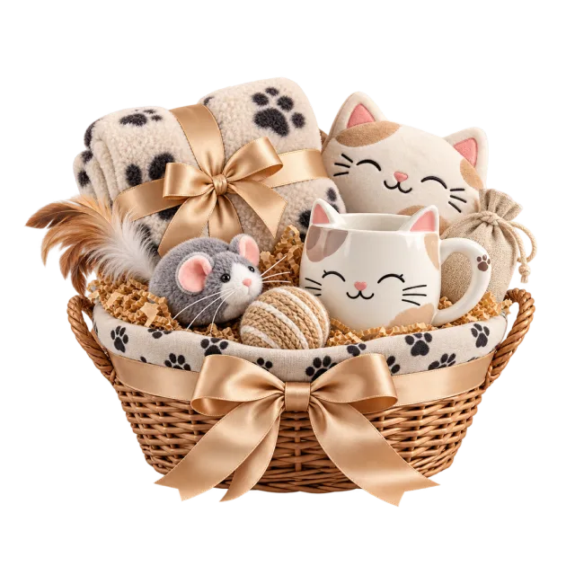 Cat-themed basket with a mug, pouch and small toys