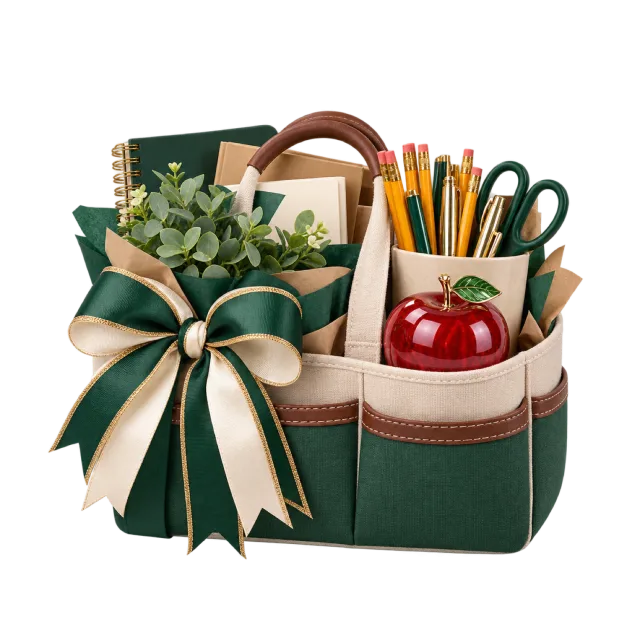 Teacher gift caddy with pencils, scissors and a red apple ornament