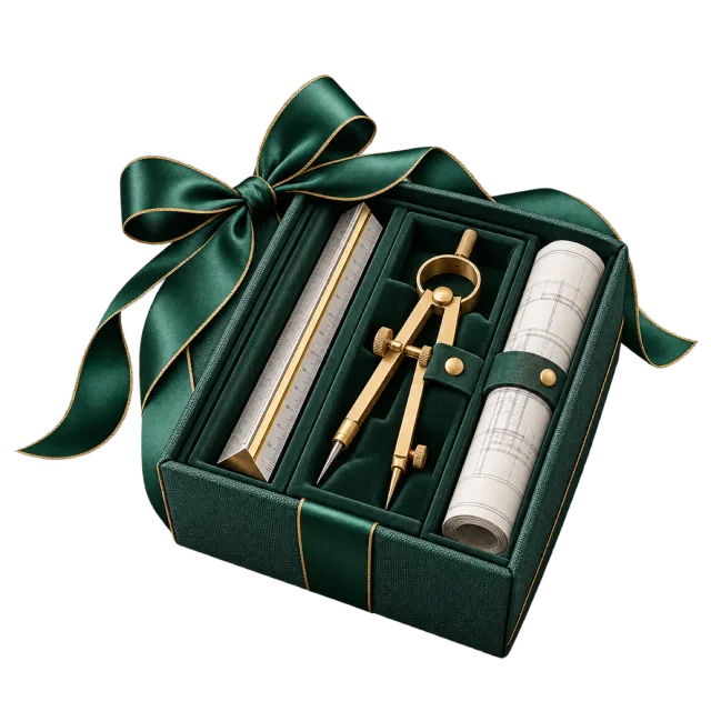 Green case with drawing rulers, a divider and rolled plans