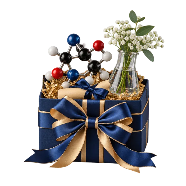 Blue gift box with a molecule model and small glass vase