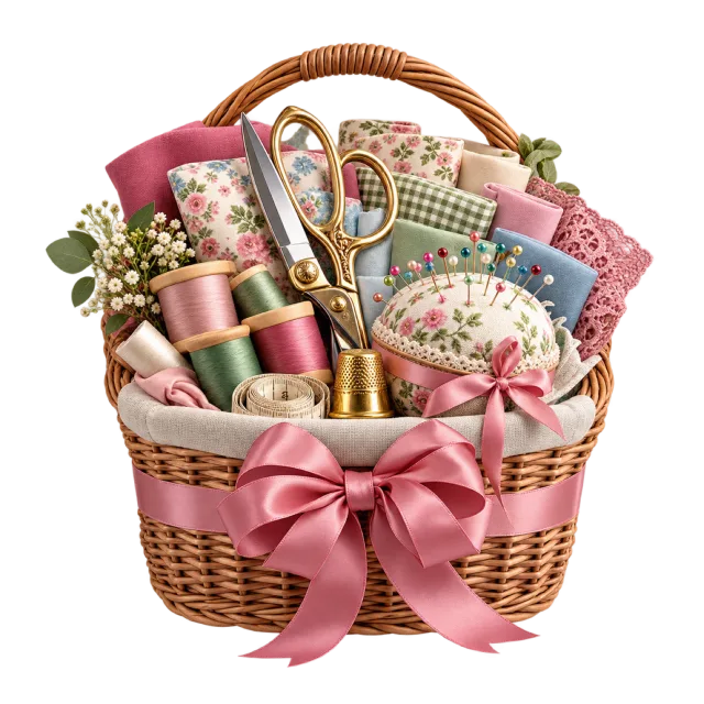 Sewing basket with shears, thread, fabric and a floral pincushion
