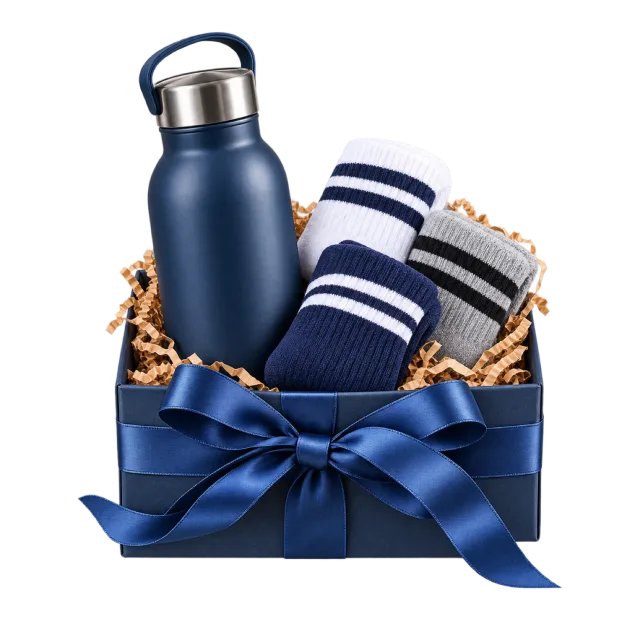 Blue gift box containing a dark bottle and rolled sports socks
