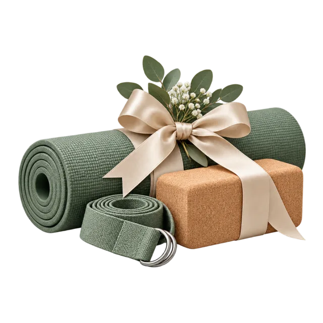 Green yoga mat, strap and cork block tied with cream ribbon
