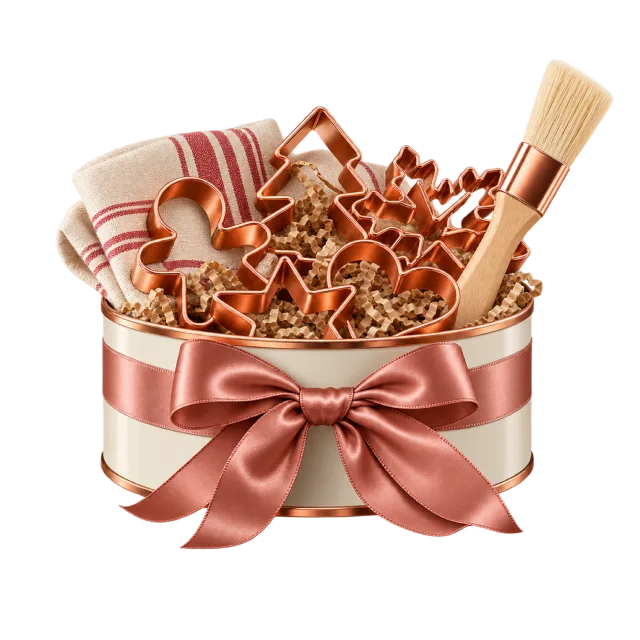 Round baking tin with copper-colored cutters and a pastry brush