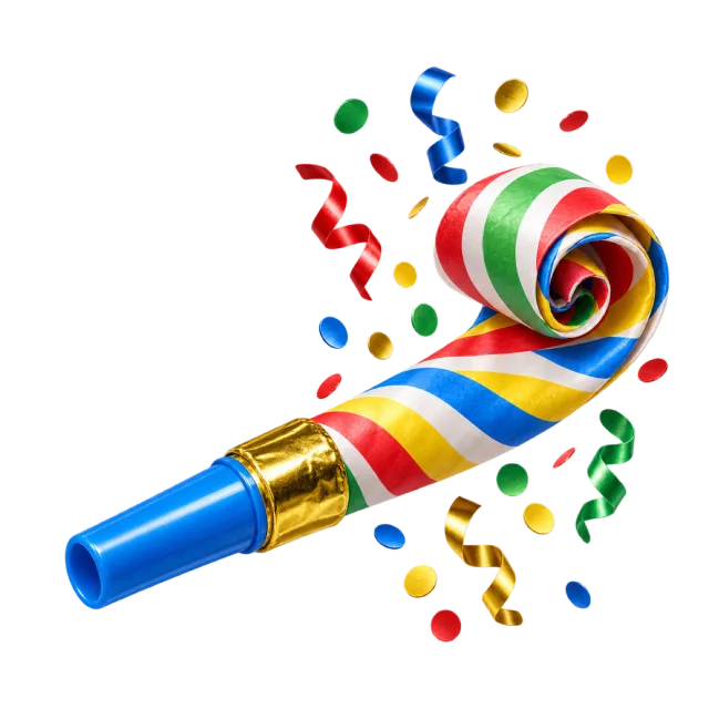 A rolled rainbow-striped party blower with a blue mouthpiece and scattered confetti