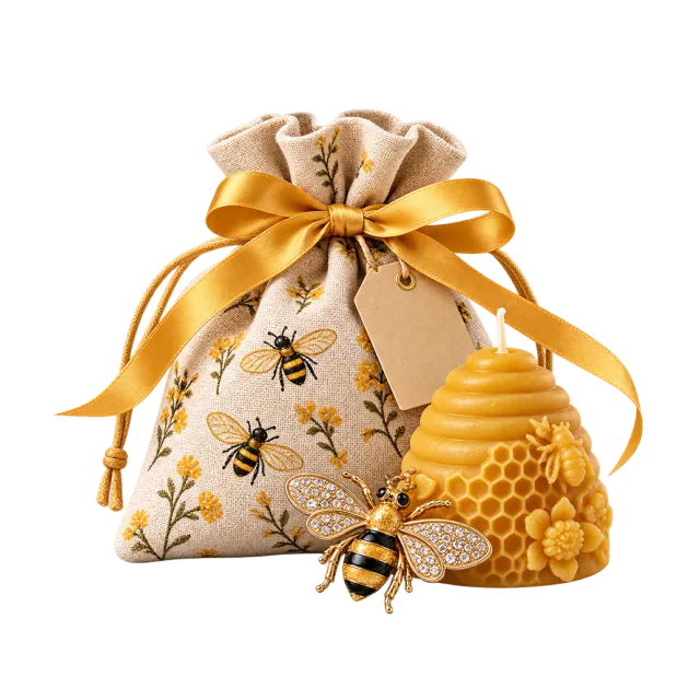 Bee-patterned pouch with a small bee ornament and yellow candle