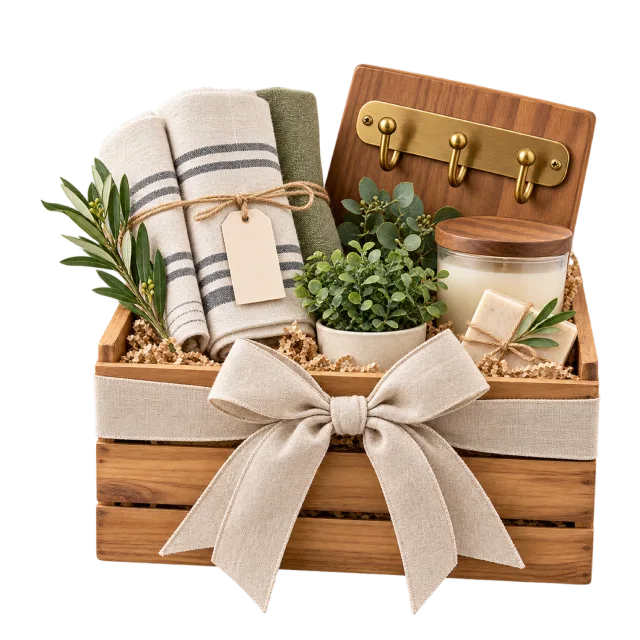Wooden housewarming crate with folded towels and a key hook board