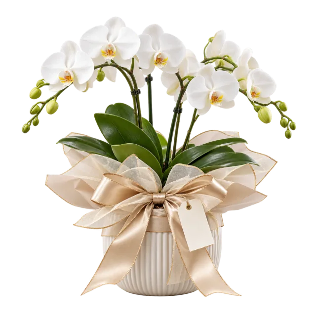 White orchid in a ribbed pot wrapped with a cream bow