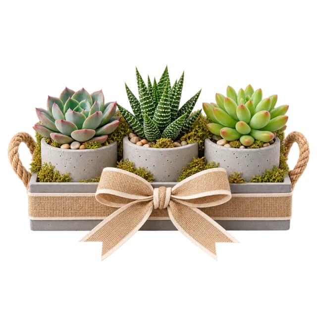 Three small succulents in gray pots on a ribboned tray