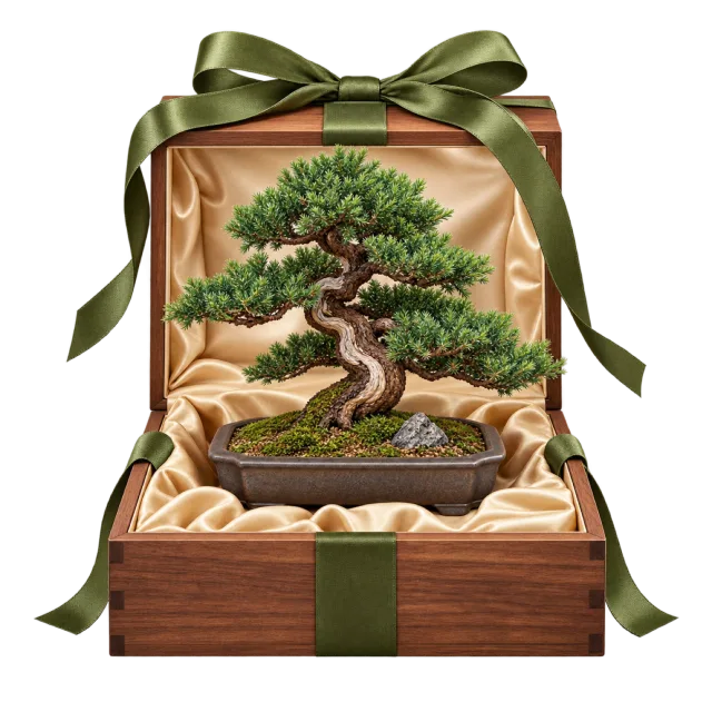 Bonsai tree displayed in a satin-lined wooden gift box