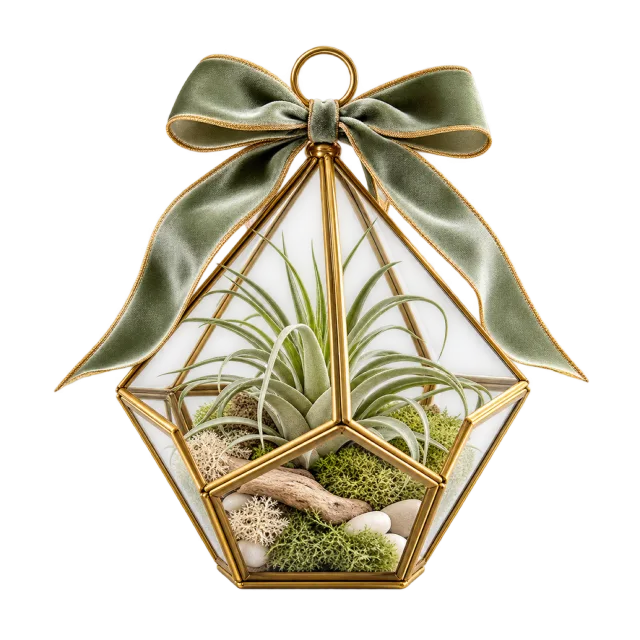 Air plant inside a golden geometric hanging glass holder