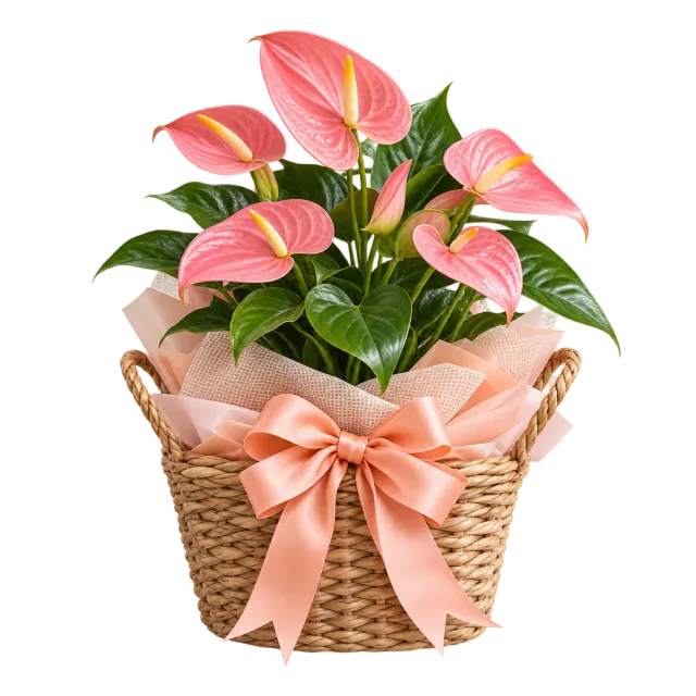 Pink anthurium plant in a woven basket with a peach bow