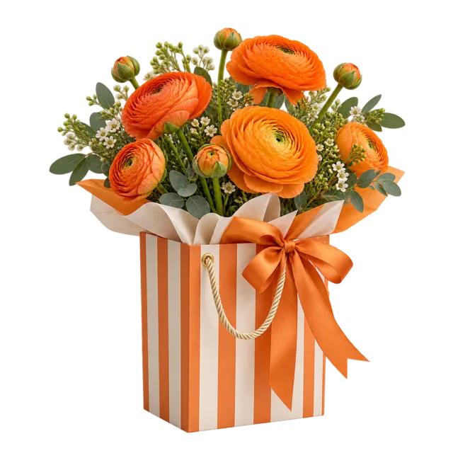 Orange ranunculus flowers in a tall striped gift bag