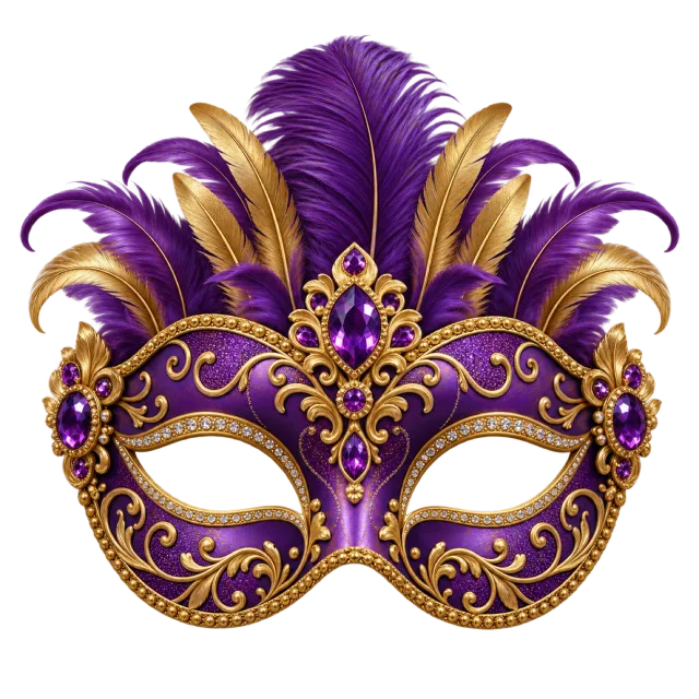 A purple masquerade mask with gold scrollwork, jewel details and tall feathers