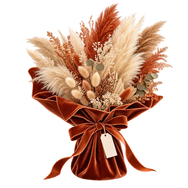 Dried grasses wrapped in rust-colored fabric and ribbon