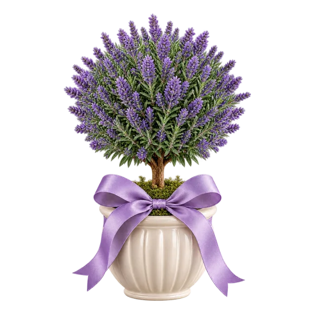 Purple lavender plant in a cream pot with a lilac bow
