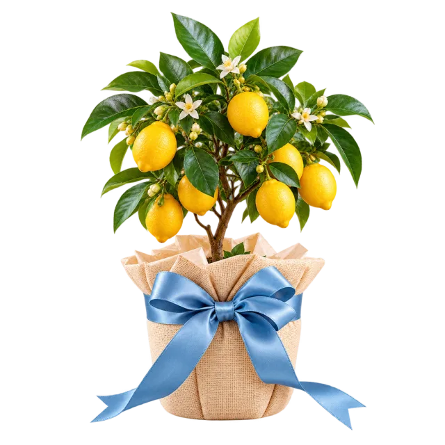 Small lemon tree wrapped with a bright blue ribbon