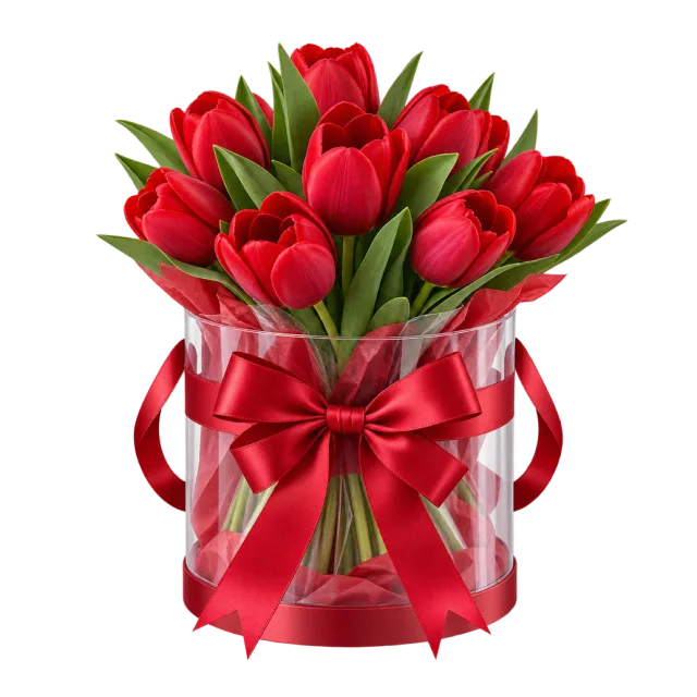 Red tulips in a clear handled container with a red bow