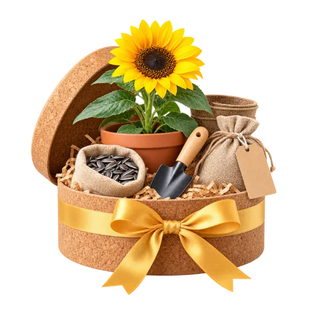 Sunflower growing gift kit with a small plant, pouch and gardening tool