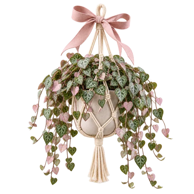 Trailing heart-leaved plant in a macrame hanger with a pink bow