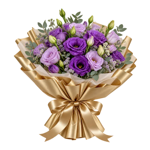 Purple lisianthus bouquet wrapped in pleated golden paper