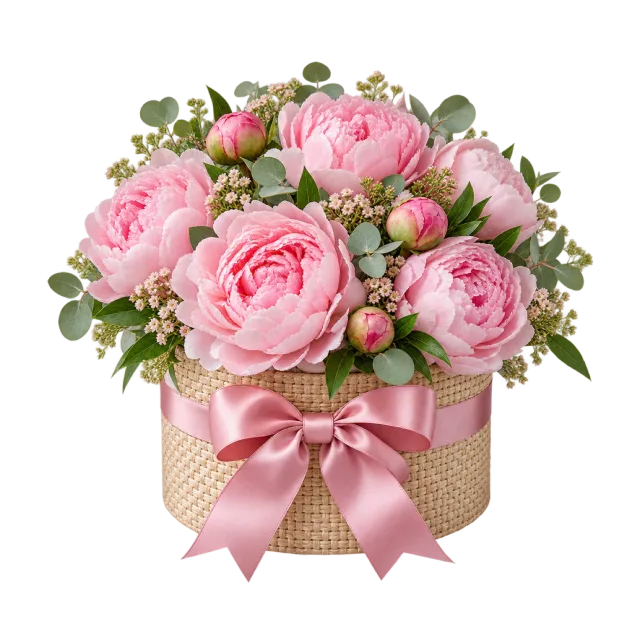 Pink peonies in a woven round gift container