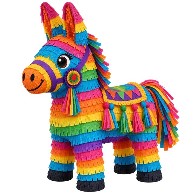 A donkey-shaped pinata covered in bright layered rainbow fringes