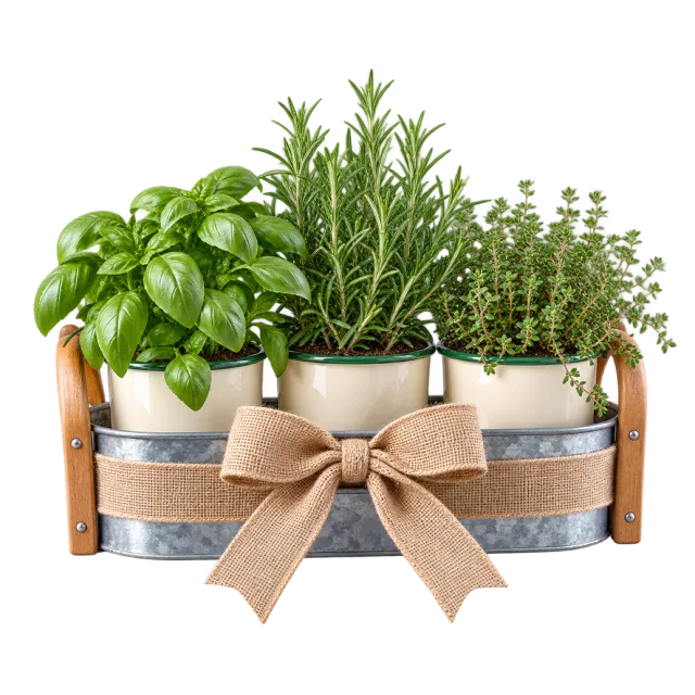 Three potted herbs in a handled caddy tied with cream ribbon