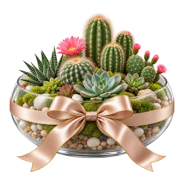 Small cactus garden in a clear oval bowl with a bow