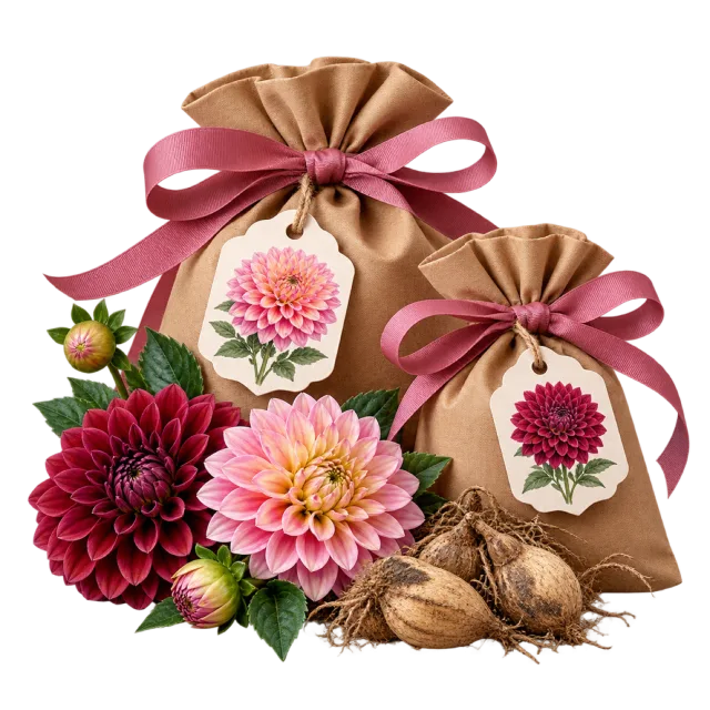Kraft pouches with flower tags beside dahlia flowers and tubers
