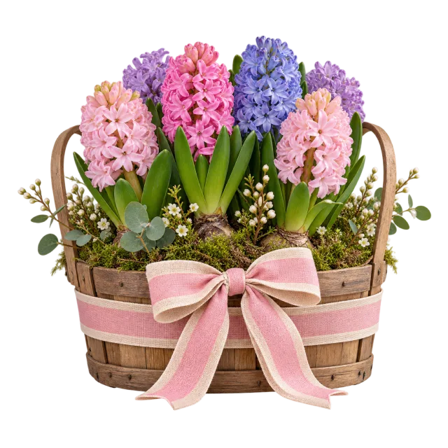 Pink and blue hyacinths in a moss-lined wooden basket