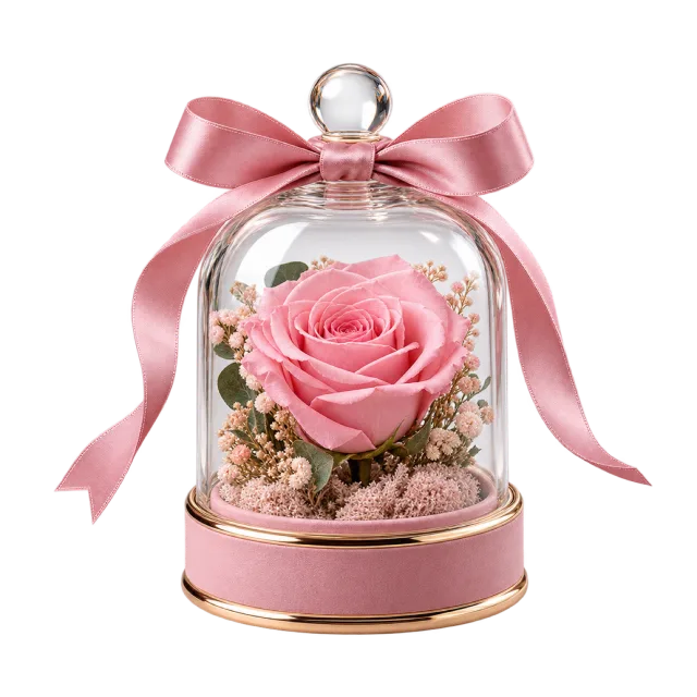 Pink rose beneath a small glass cloche tied with ribbon