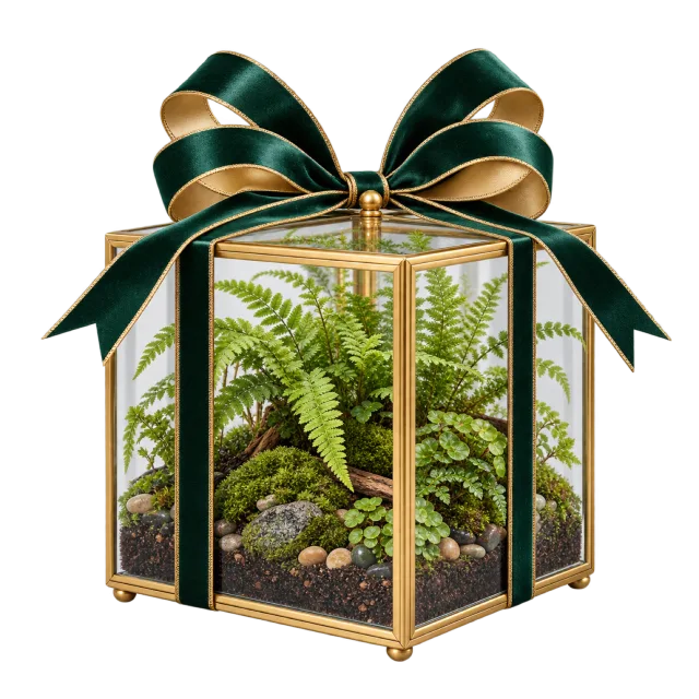 Fern terrarium inside a clear cube with a golden frame
