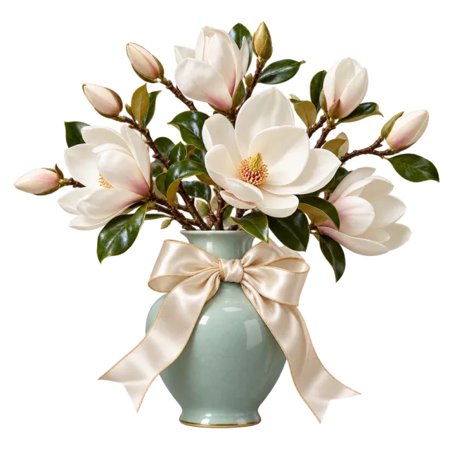 White magnolia branch in a pale green vase with cream ribbon