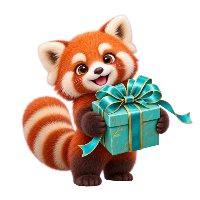 Small red panda holding a turquoise gift box
