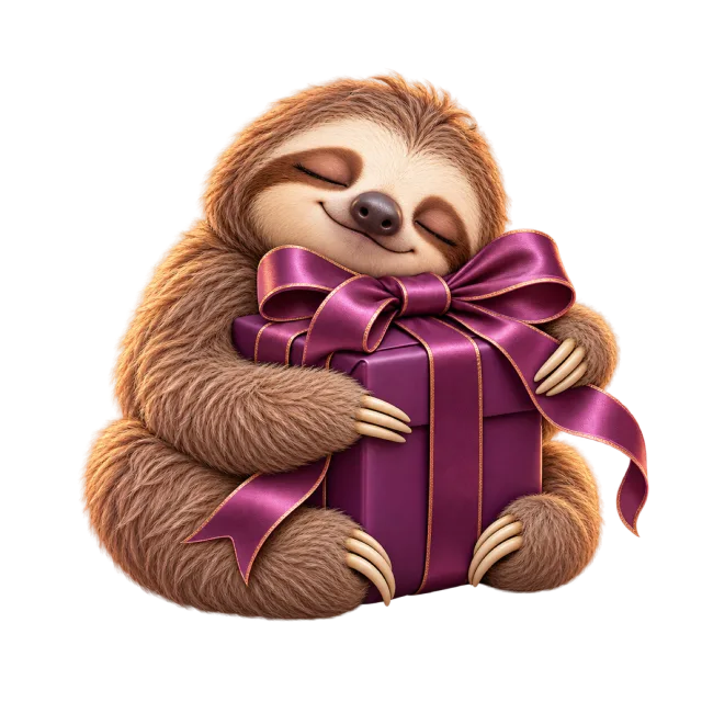 Sleepy sloth hugging a plum-colored present