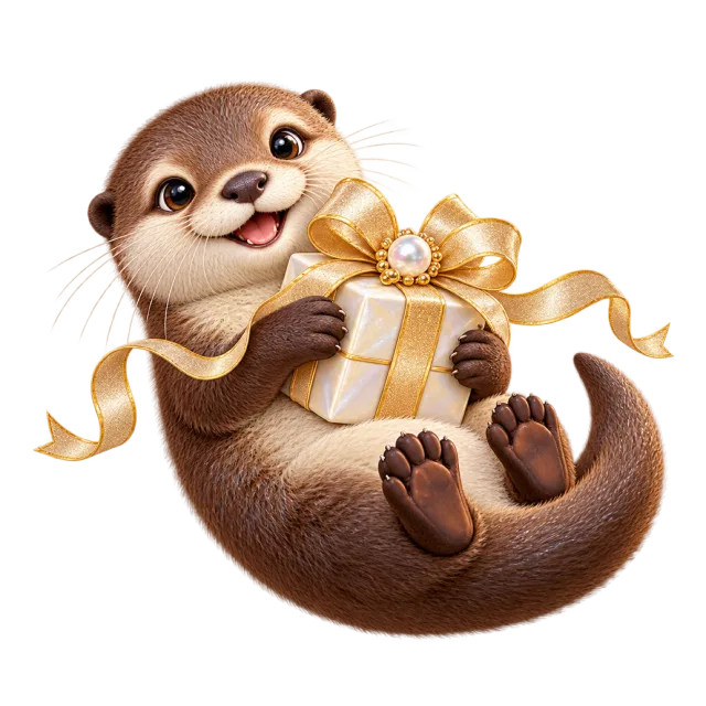 Otter in a reclining pose holding a cream ribboned present