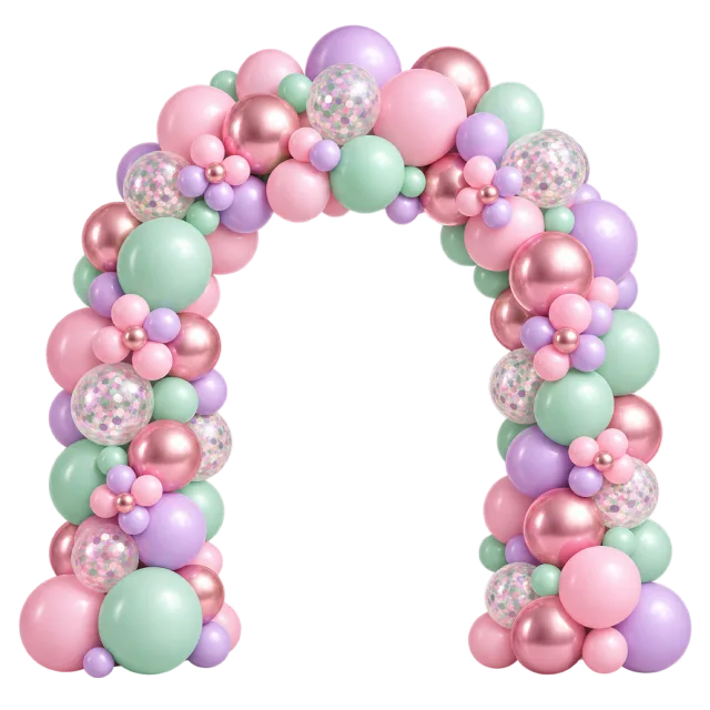 An arch of pastel pink, mint and lavender balloons mixed with clear balloons